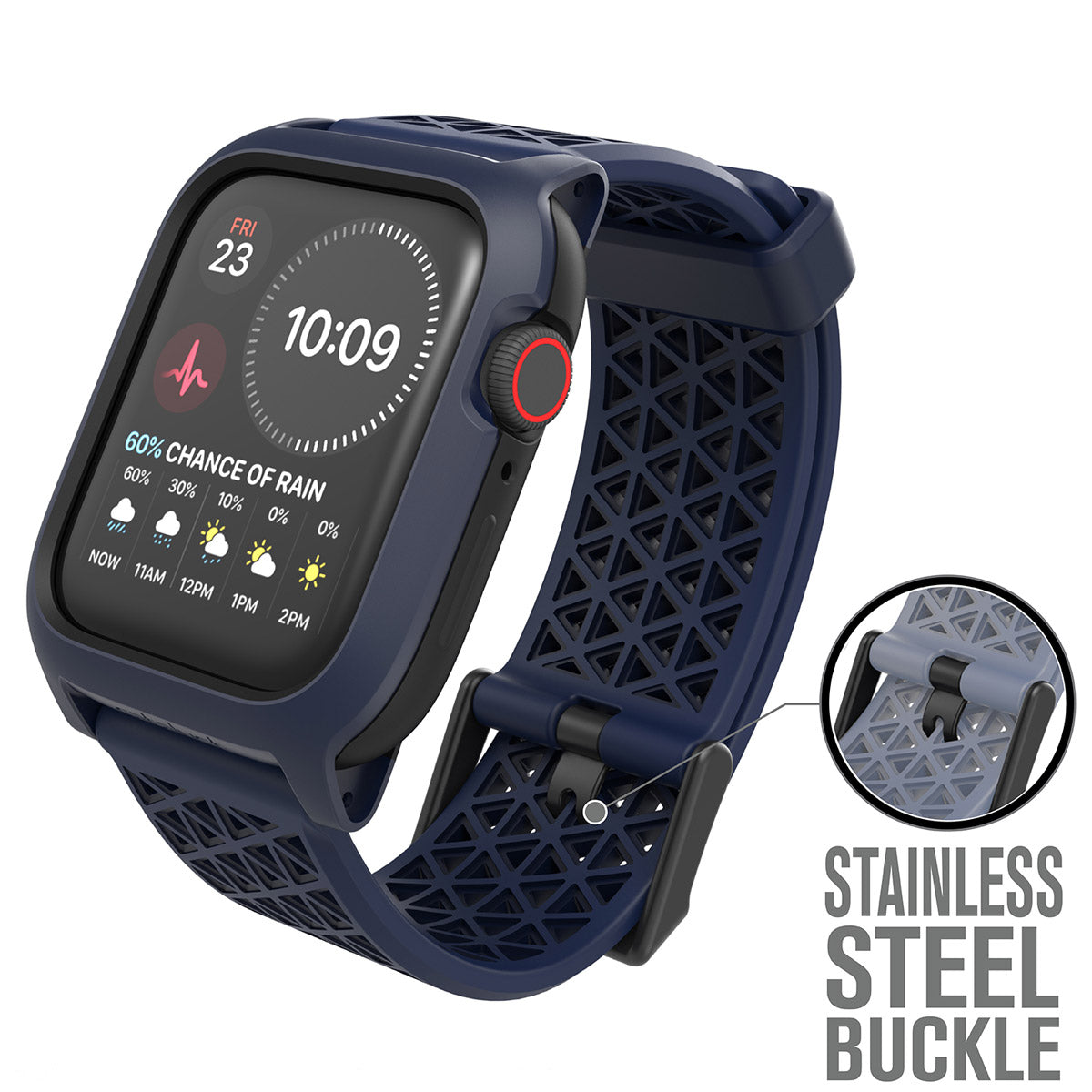 catalyst apple watch series 6 5 4 se gen 21 44mm 40mm impact protection case sport band midnight blue showing an apple watch with stainless steel buckle text reads stainless steel buckle