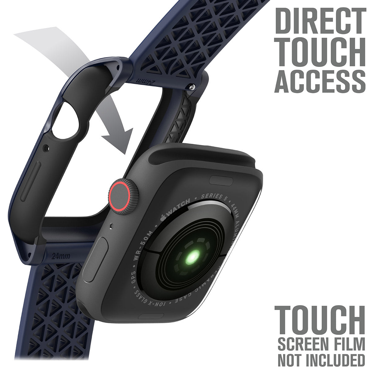 catalyst apple watch series 6 5 4 se gen 21 44mm 40mm impact protection case sport band midnight blue showing the back part of the apple watch and case with direct touch access text reads direct touch access touch screen film not included