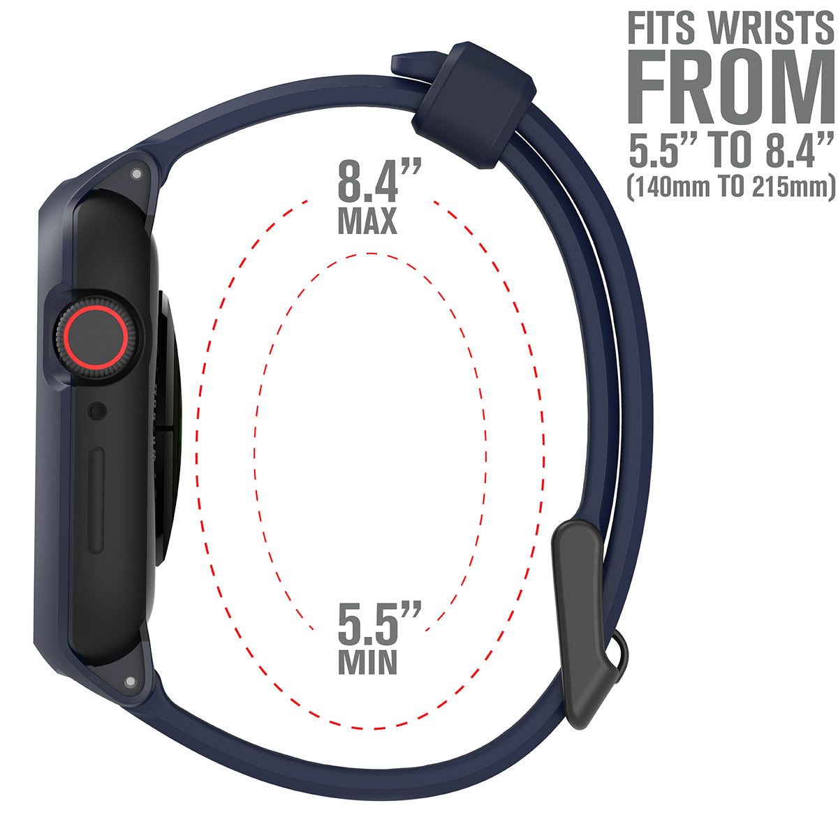 catalyst apple watch series 6 5 4 se gen 21 44mm 40mm impact protection case sport band midnight blue side view of the catalyst case with the minimum and maximum sizes of the band text reads fits wrists from 5.5" to 8.4"(140mm to 215mm)