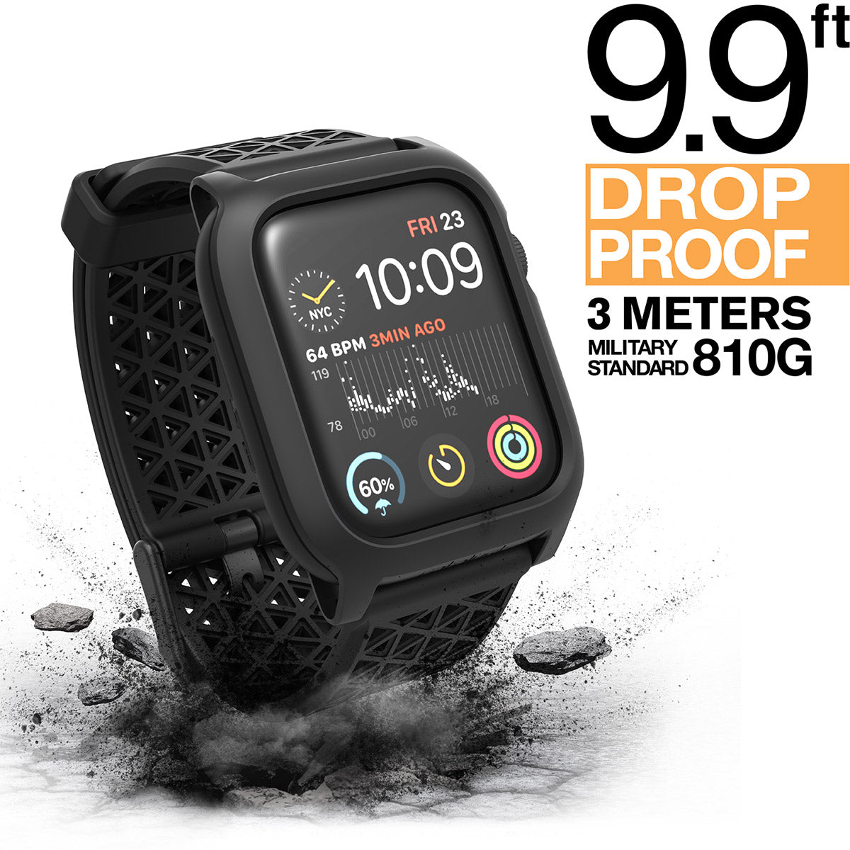 catalyst apple watch series 6 5 4 se gen 21 44mm 40mm impact protection case sport band showing an apple watch with a catalyst case and a cracked floor text reads 9.9ft drop proof 3 meters military standard 810g
