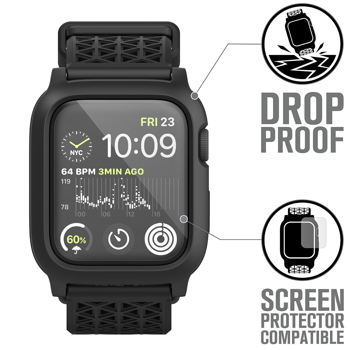 catalyst apple watch series 6 5 4 se gen 21 44mm 40mm impact protection case sport band showing drop proof and screen protector comaptibility text reads drop proof screen protector compatible