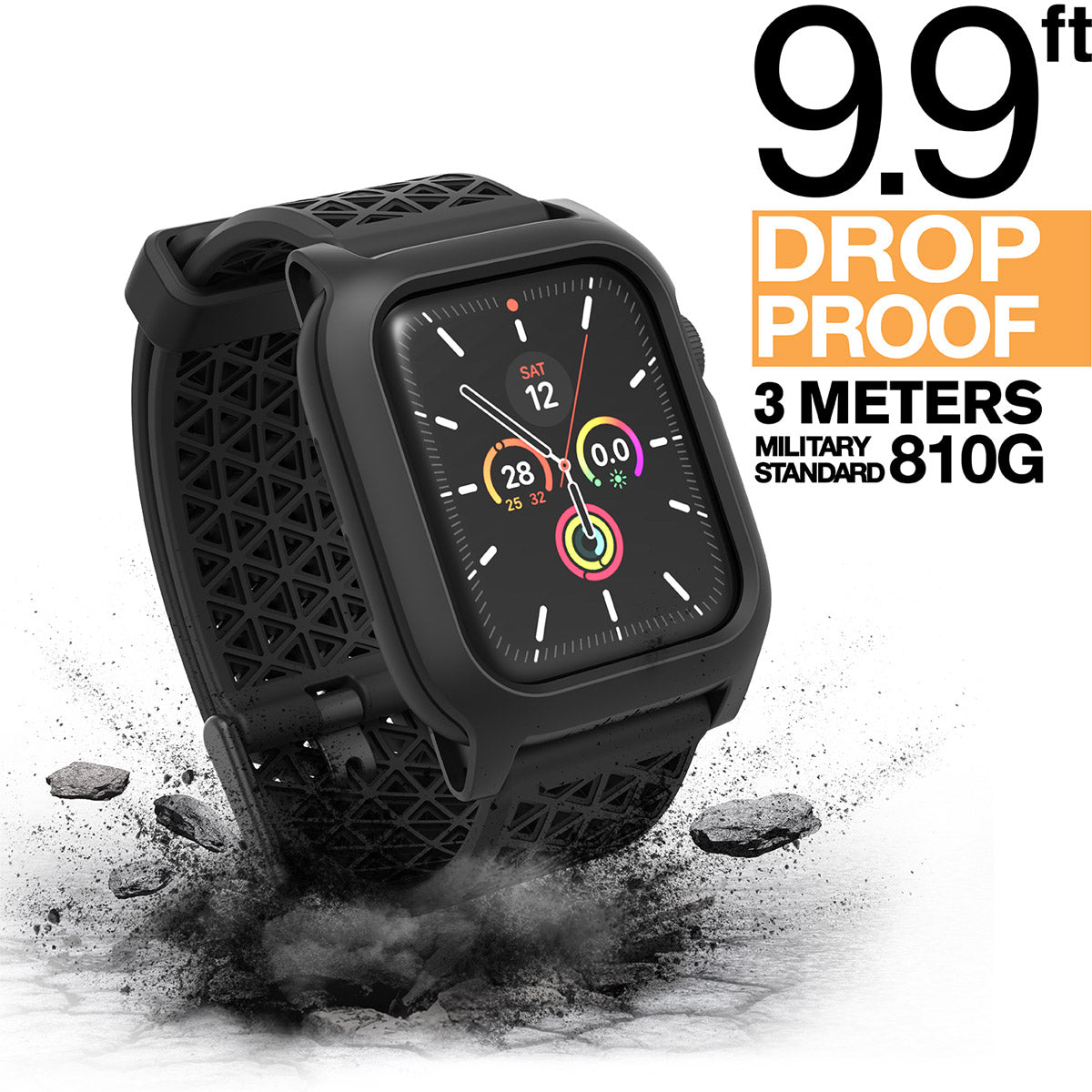 catalyst apple watch series 6 5 4 se gen 21 44mm 40mm impact protection case sport band stealth black showing an apple watch with a catalyst case and a cracked floor text reads 9.9ft drop proof 3 meters military standard 810g