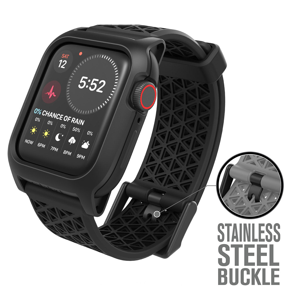 catalyst apple watch series 6 5 4 se gen 21 44mm 40mm impact protection case sport band stealth black showing an apple watch with stainless steel buckle text reads stainless steel buckle