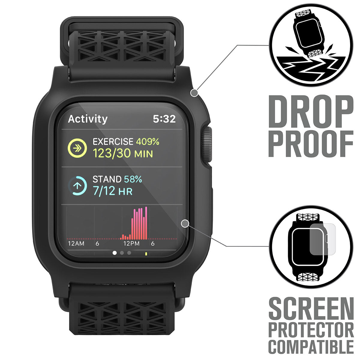 catalyst apple watch series 6 5 4 se gen 21 44mm 40mm impact protection case sport band stealth black showing drop proof and screen protector comaptibility text reads drop proof screen protector compatible
