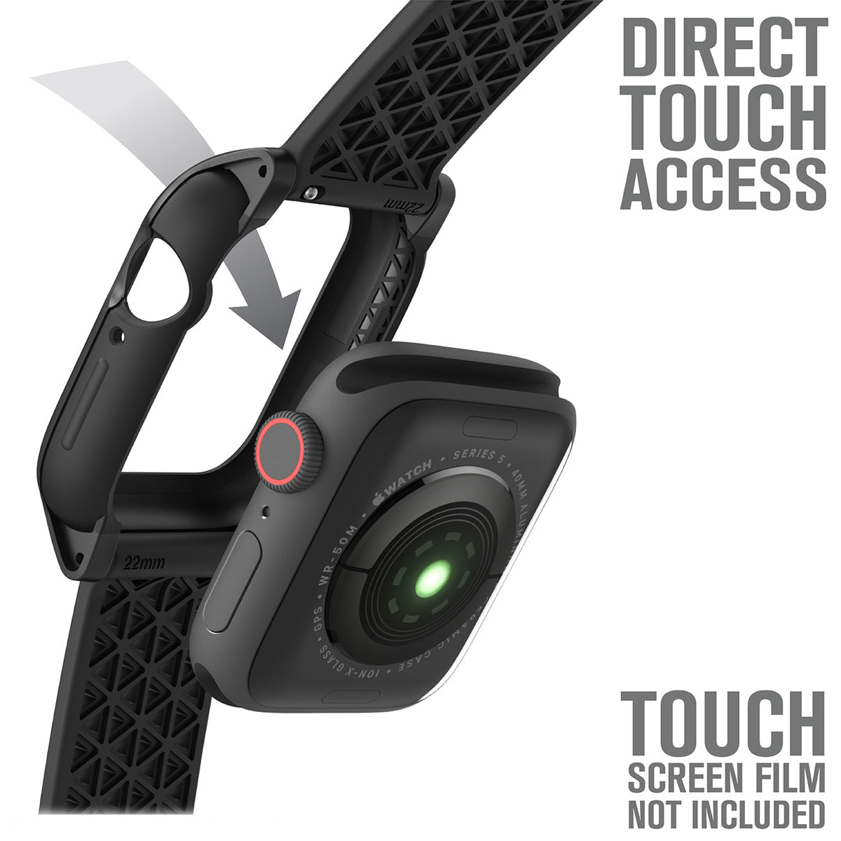 catalyst apple watch series 6 5 4 se gen 21 44mm 40mm impact protection case sport band midnight stealth black the back part of the apple watch and case with direct touch access text reads direct touch access touch screen film not included