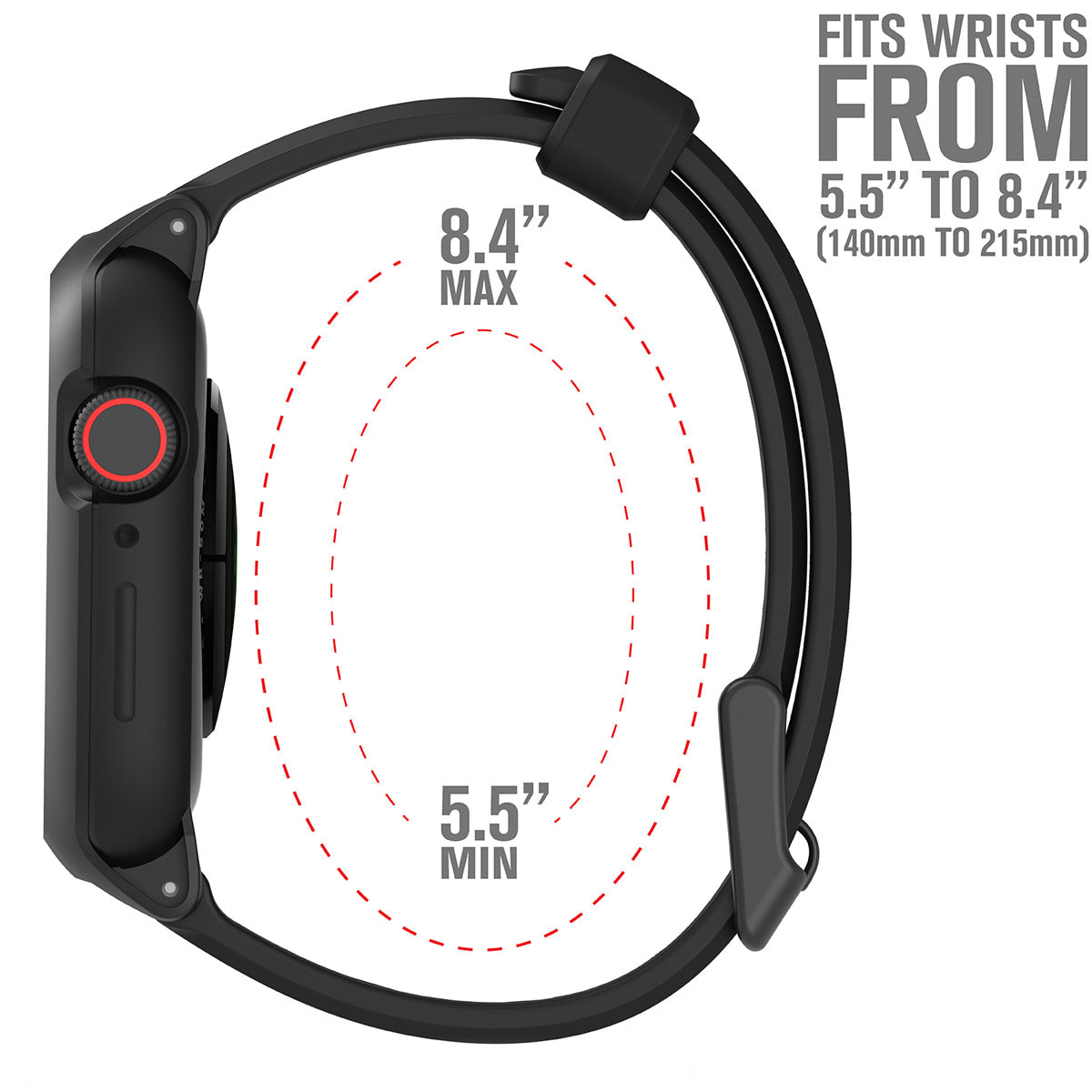 catalyst apple watch series 6 5 4 se gen 21 44mm 40mm impact protection case sport band stealth black side view of the catalyst case with the minimum and maximum sizes of the band text reads fits wrists from 5.5" to 8.4"(140mm to 215mm)