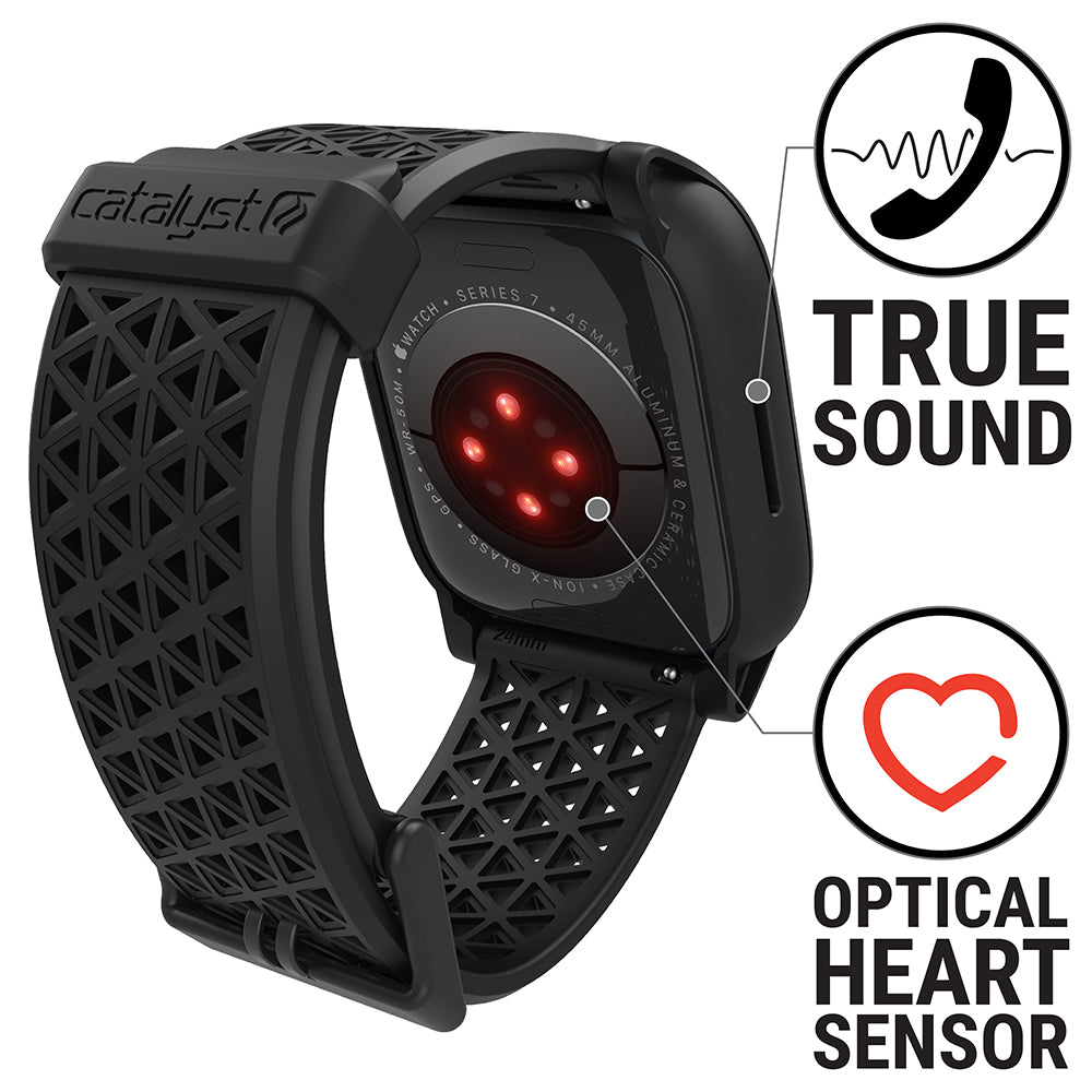 catalyst apple watch series 9 8 7 41mm 45mm active defense case sport band showing a red light on the optical heart sensor text reads true sound optical heart sensor