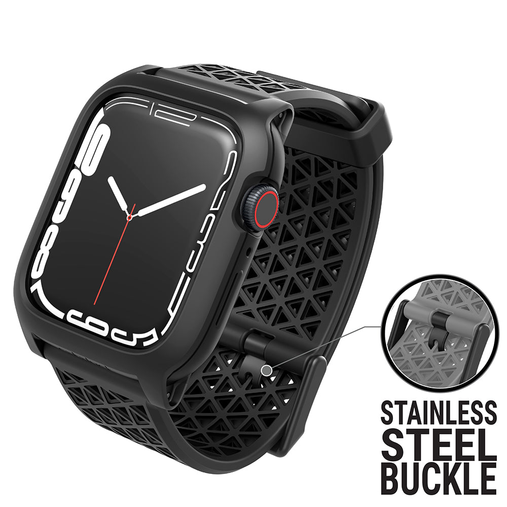 catalyst apple watch series 9 8 7 41mm 45mm active defense case sport band showing an apple watch with stainless steel buckle text reads stainless steel buckle