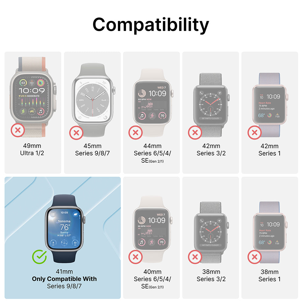 catalyst apple watch series 9 8 7 41mm 45mm active defense case sport band showing different sizes of apple watch text reads compatibility