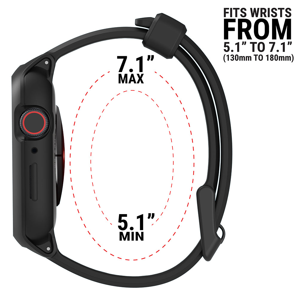 catalyst apple watch series 9 8 7 41mm 45mm active defense case sport band showing the side view of the catalyst case with the minimum and maximum sizes of the band text reads fits wrists from 5.1" to 7.1"(130mm to 180mm)
