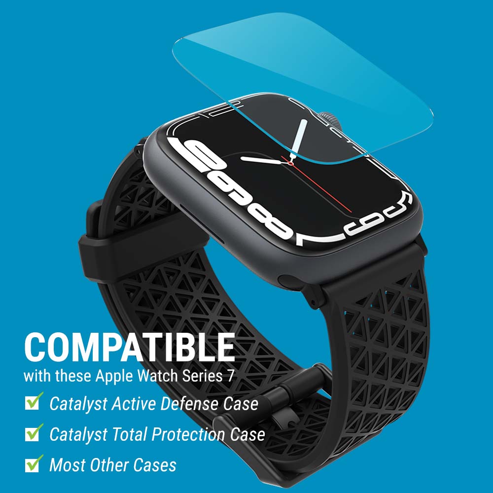 Catalyst Apple Watch Series 9/8/7, 45mm/41mm - Screen Protector showing catalyst sports band installed on the apple watch with screen protector text reads compatible with these apple watch series 7 catalyst active defense case catalyst total protection case most other cases