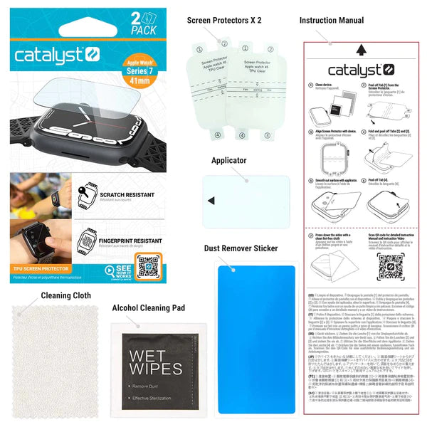Catalyst Apple Watch Series 9/8/7, 45mm/41mm - Screen Protector showing the packaging 2x screen protectors instruction manual applicator cleaning cloth alcohol cleaning pad dust remover sticker text reads packaging 2x screen protectors instruction manual applicator cleaning cloth alcohol cleaning pad dust remover sticker