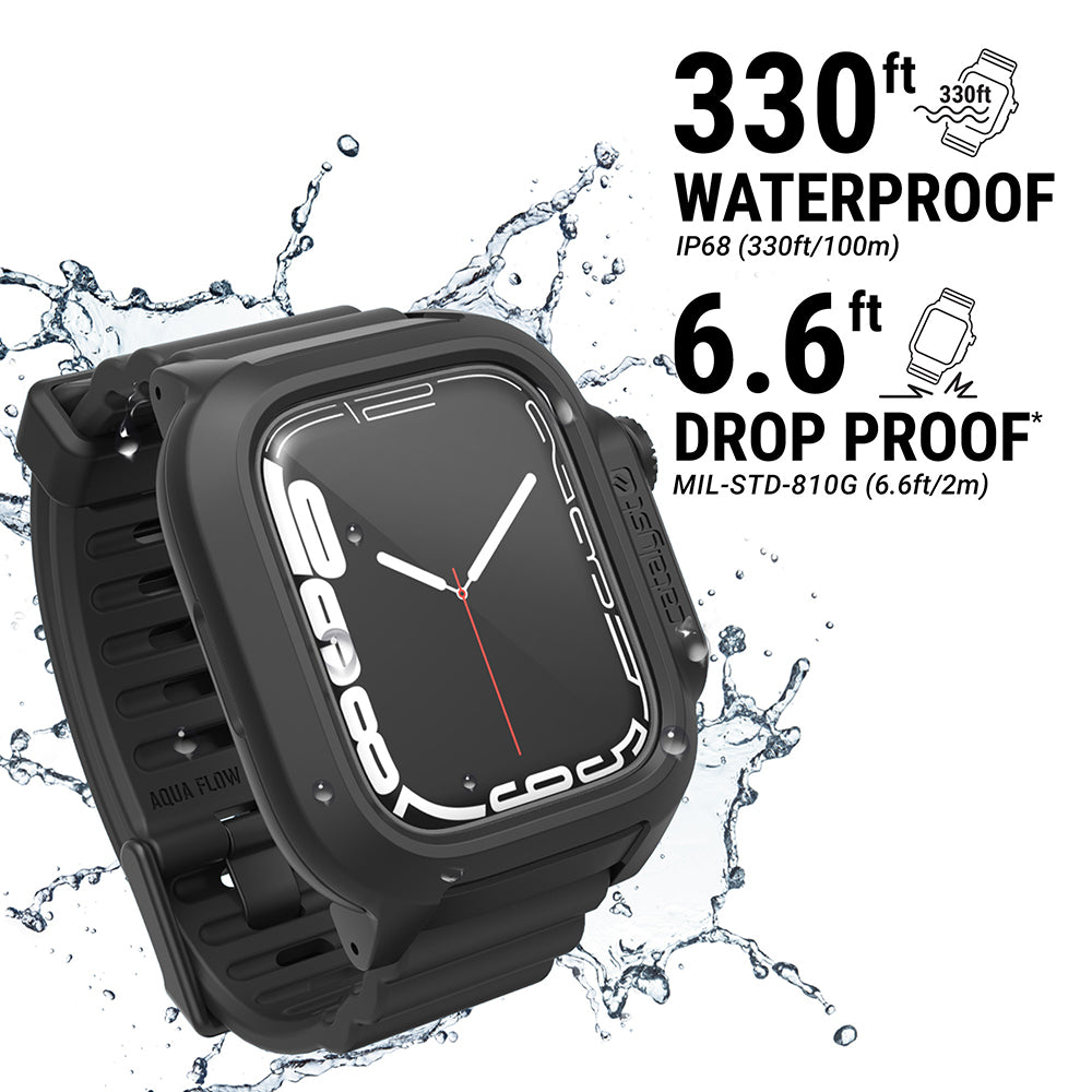 catalyst apple watch series 9 8 7 45mm total protection case band catalyst case installed on apple watch devicewith splashes of water text reads 330ft waterproof ip68(330ft/100m) 6.6ft drop proof mil-std-810(6.6ft/2m)