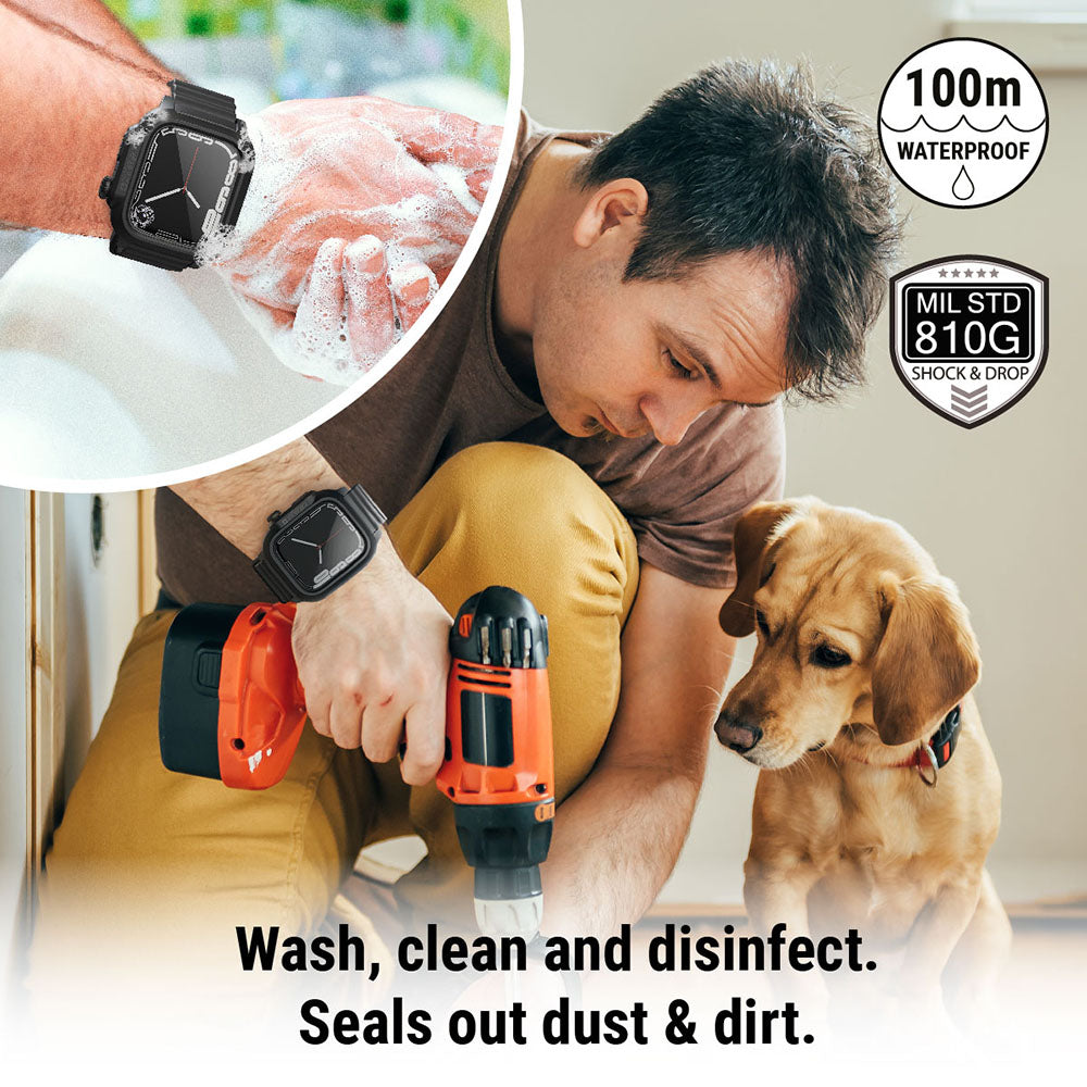catalyst apple watch series 9 8 7 45mm total protection case band showing a dog with a man and-a-washing hands wearing an apple watch with a catalyst case text reads 100m waterproof mil std 810g shock & drop wash clean and disinfect seals out dust & dirt