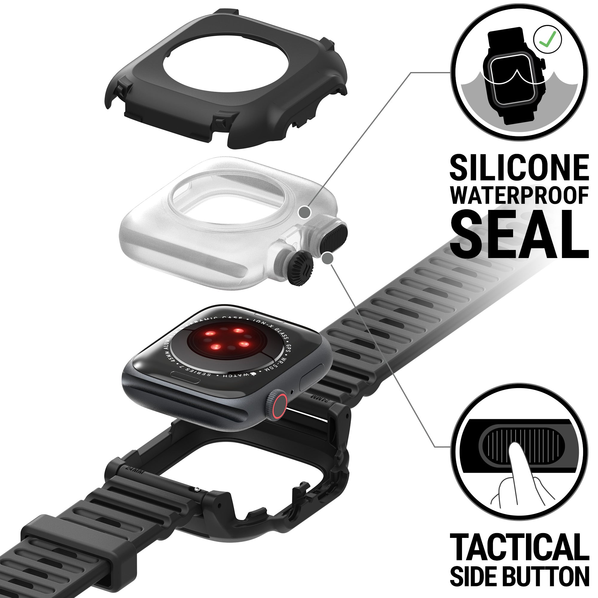 catalyst apple watch series 9 8 7 45mm total protection case band showing disassembled parts of the case text reads silicoone waterproof seal tactical side button
