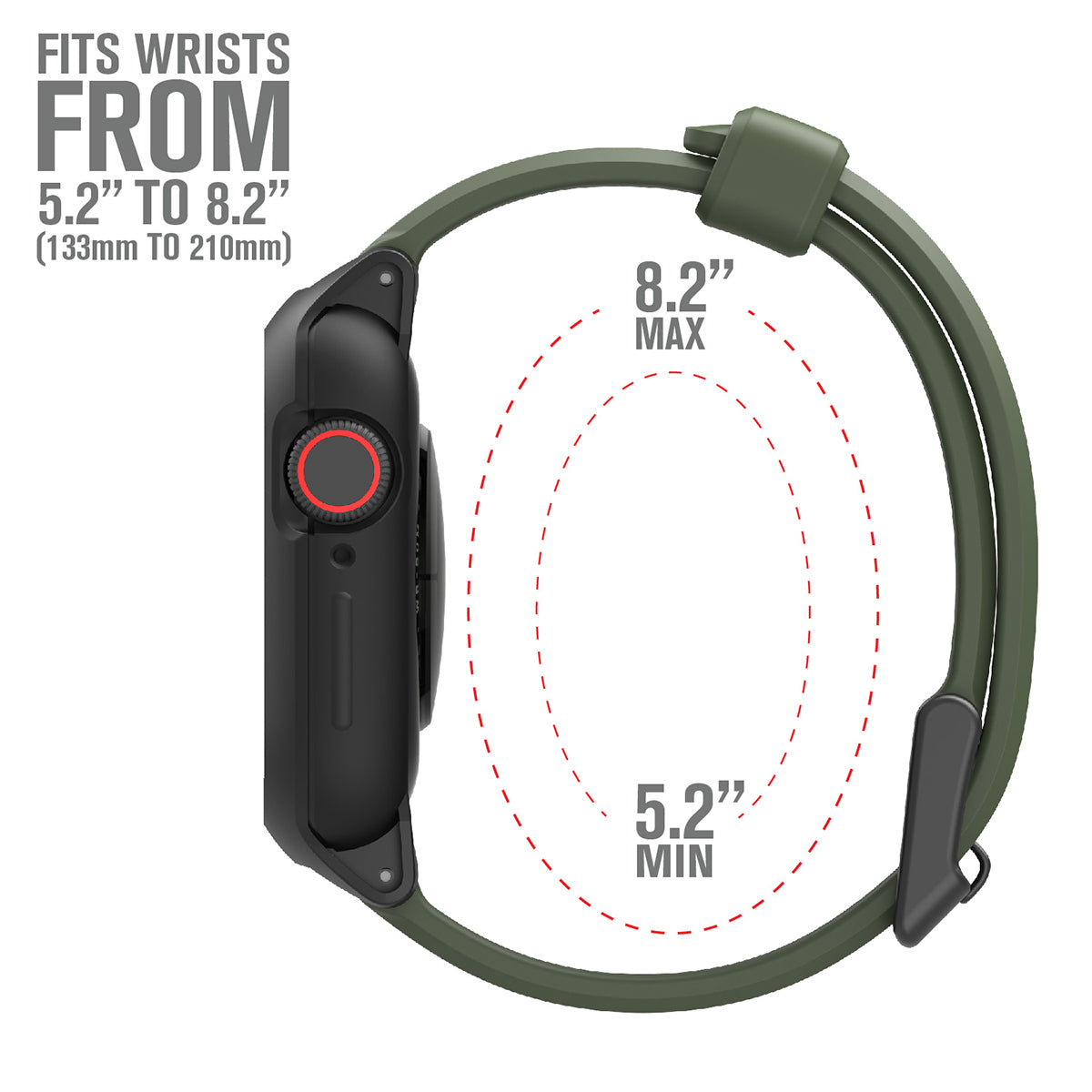 catalyst apple watch series 9 8 7 6 5 4 SE Gen 2 1 38 40 41mm sport band buckle edition side view of the case with the minimum and maximum sizes of the band army green text reads fits wrists from 5.2" to 8.2"(133mm to 210mm)