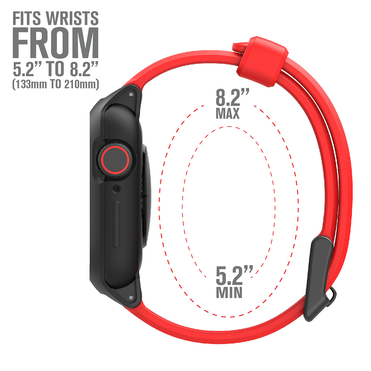 catalyst apple watch series 9 8 7 6 5 4 SE Gen 2 1 38 40 41mm sport band buckle edition side view of the case with the minimum and maximum sizes of the band flame red text reads fits wrists from 5.2" to 8.2"(133mm to 210mm)