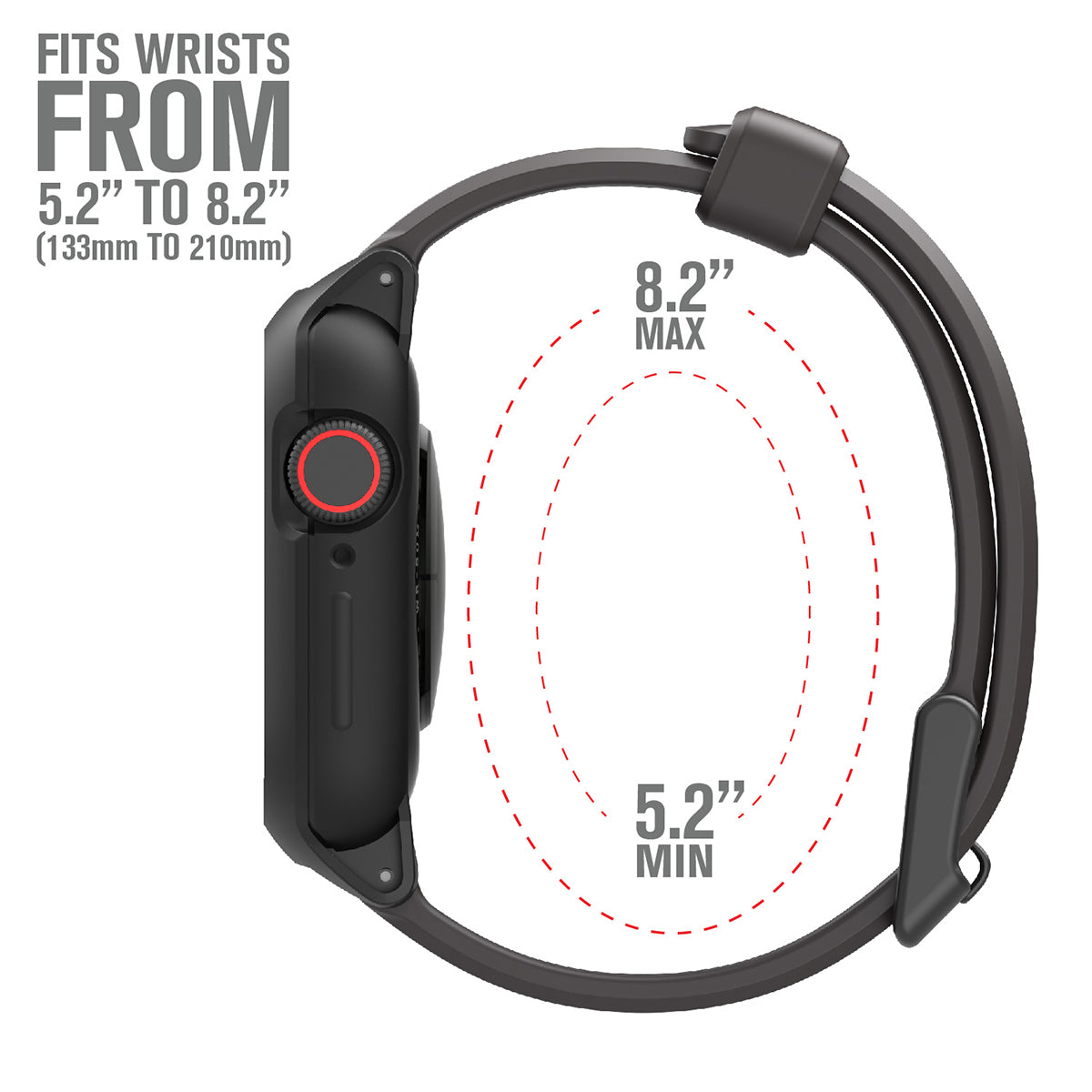 catalyst apple watch series 9 8 7 6 5 4 SE Gen 2 1 38 40 41mm sport band buckle edition side view of the case with the minimum and maximum sizes of the band space gray text reads fits wrists from 5.2" to 8.2"(133mm to 210mm)