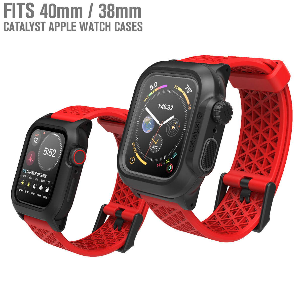 catalyst apple watch series 9 8 7 6 5 4 SE Gen 2 1 38 40 41mm sport band buckle edition two apple watch with impact protection and waterproof case with flame red sport band text reads fits 40mm 38mm catalyst apple watch cases
