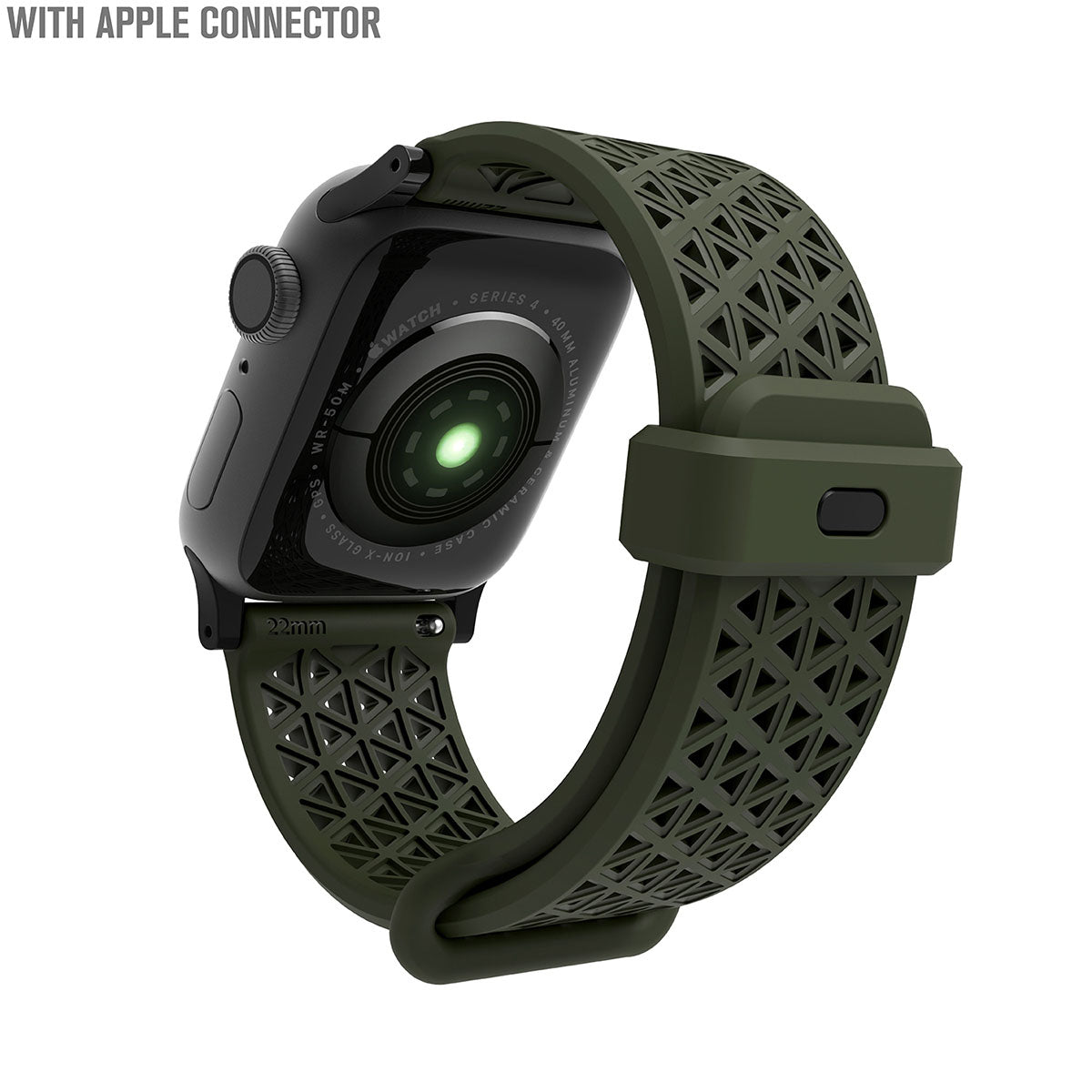 catalyst apple watch series 9 8 7 6 5 4 se gen 2 1 38 40 41mm sports band with apple connector apple watch back view with sports band army green text reads with apple connector