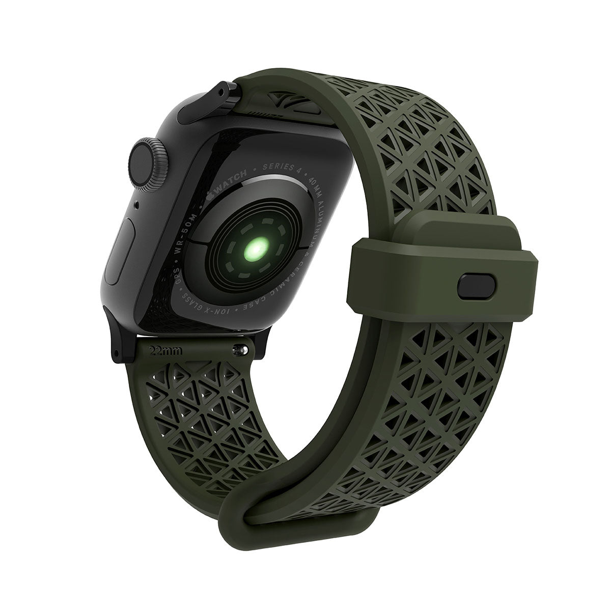 catalyst apple watch series 9 8 7 6 5 4 se gen 2 1 38 40 41mm sports band with apple connector apple watch back view with sports band army green