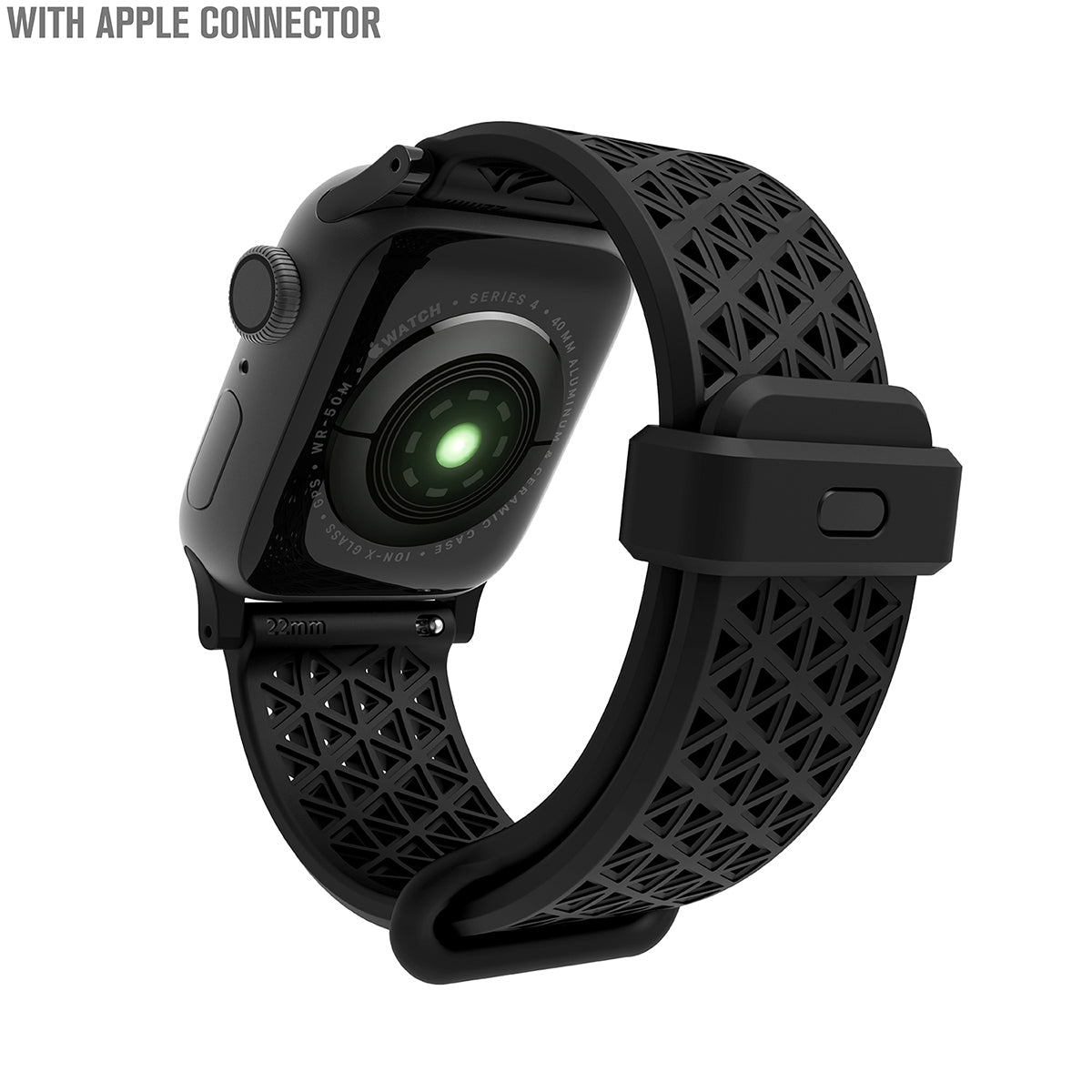 catalyst apple watch series 9 8 7 6 5 4 se gen 2 1 38 40 41mm sports band with apple connector apple watch back view with sports band black text reads with apple connector