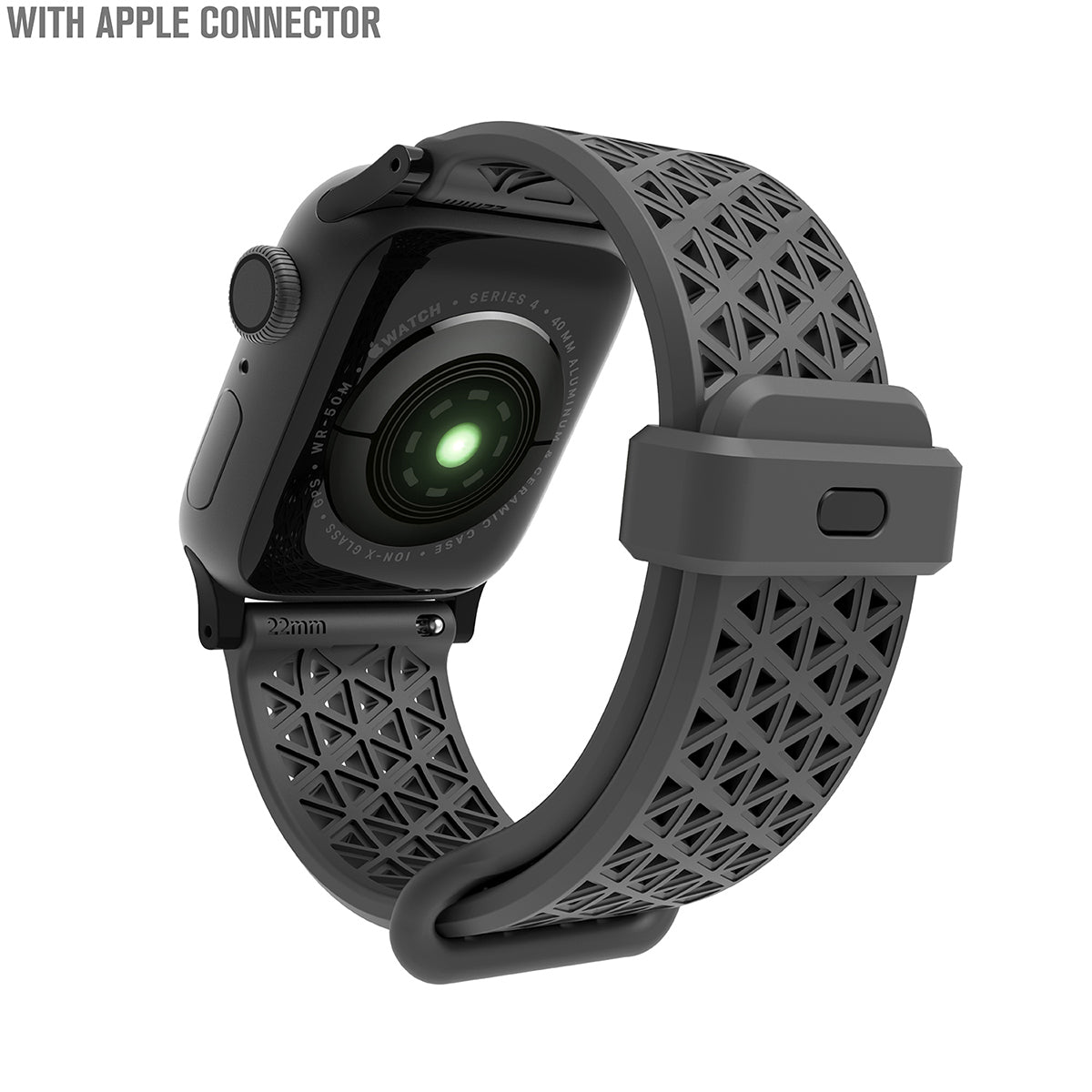 catalyst apple watch series 9 8 7 6 5 4 se gen 2 1 38 40 41mm sports band with apple connector apple watch back view with sports band space gray text reads with apple connector