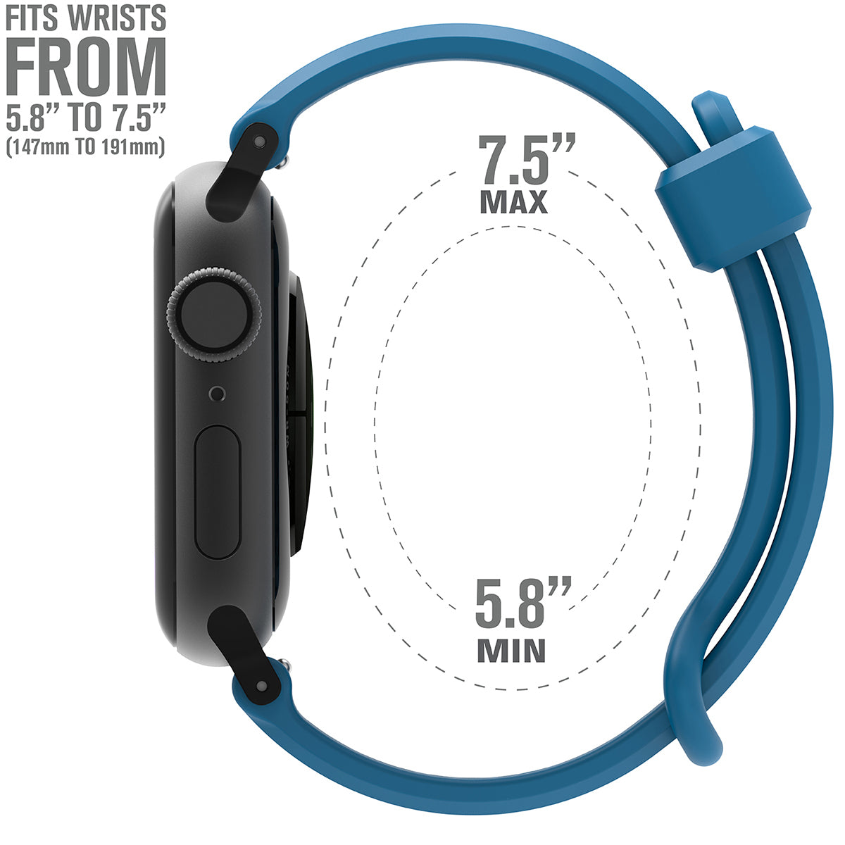 catalyst apple watch series 9 8 7 6 5 4 se gen 2 1 38 40 41mm sports band with apple connector side of apple watch with the minimum and maximum sizes of the sport band blueridge text reads fits wrists from 5.8" to 7.5"(147mm to 191mm)