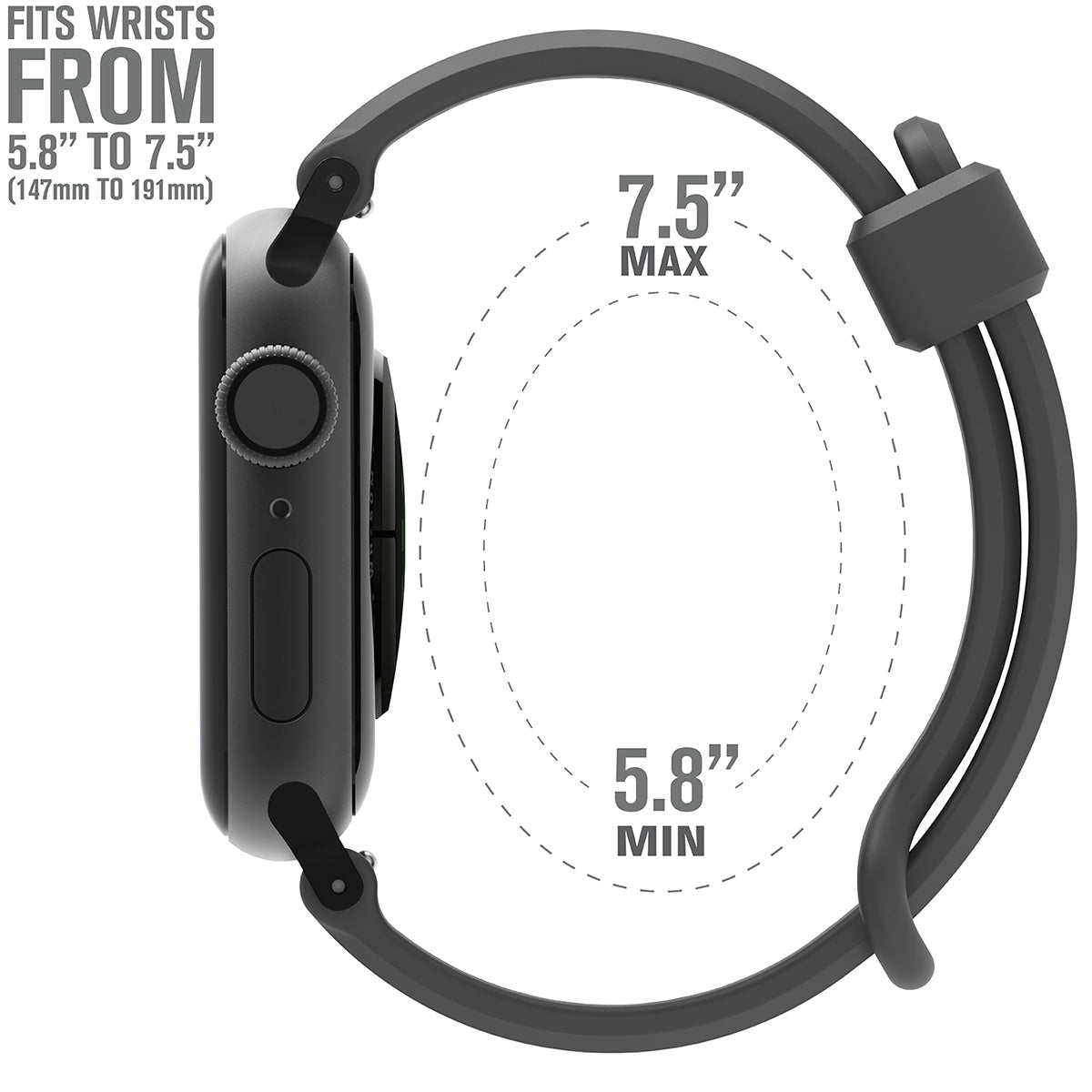 catalyst apple watch series 9 8 7 6 5 4 se gen 2 1 38 40 41mm sports band with apple connector side of apple watch with the minimum and maximum sizes of the sport band space gray text reads fits wrists from 5.8" to 7.5"(147mm to 191mm)