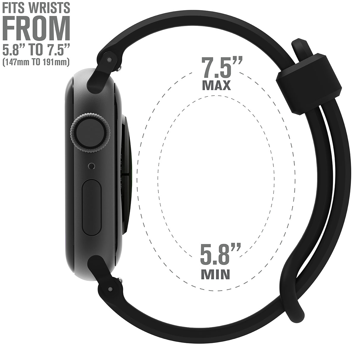catalyst apple watch series 9 8 7 6 5 4 se gen 2 1 38 40 41mm sports band with apple connector side of the apple watch with the minimum and maximum sizes of the sport band black text reads fits wrists from 5.8" to 7.5"(147mm to 191mm)
