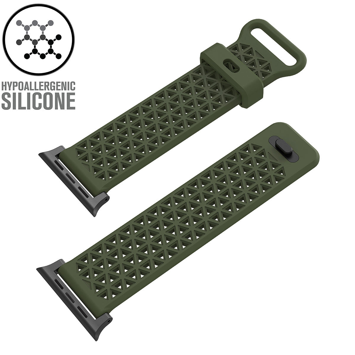 catalyst apple watch series 9 8 7 6 5 4 se gen 2 1 38 40 41mm sports band with apple connector sportband with apple connector army green text reads hypoallergenic silicone