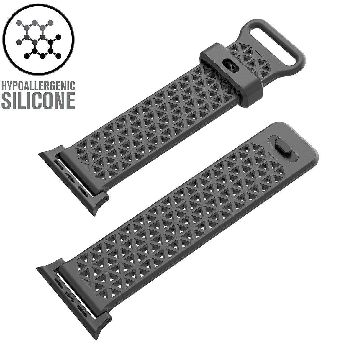 catalyst apple watch series 9 8 7 6 5 4 se gen 2 1 38 40 41mm sports band with apple connector sportband with apple connector space gray text reads hypoallergenic silicone
