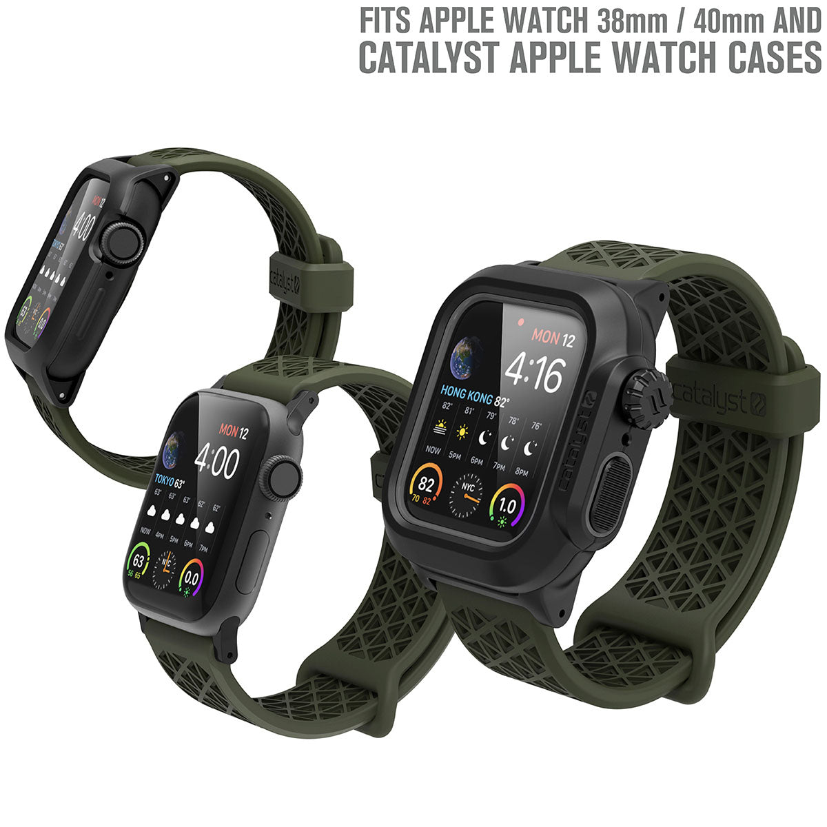 catalyst apple watch series 9 8 7 6 5 4 se gen 2 1 38 40 41mm sports band with apple connector three apple watches with impact and waterproof case with sports band army green text reads fits apple watch 38mm 40mm and catalyst apple watch cases