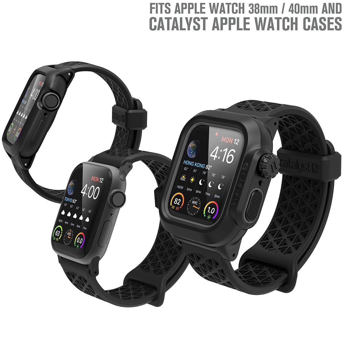 catalyst apple watch series 9 8 7 6 5 4 se gen 2 1 38 40 41mm sports band with apple connector three apple watches with impact and waterproof case with sports band black text reads fits apple watch 38mm 40mm and catalyst apple watch cases