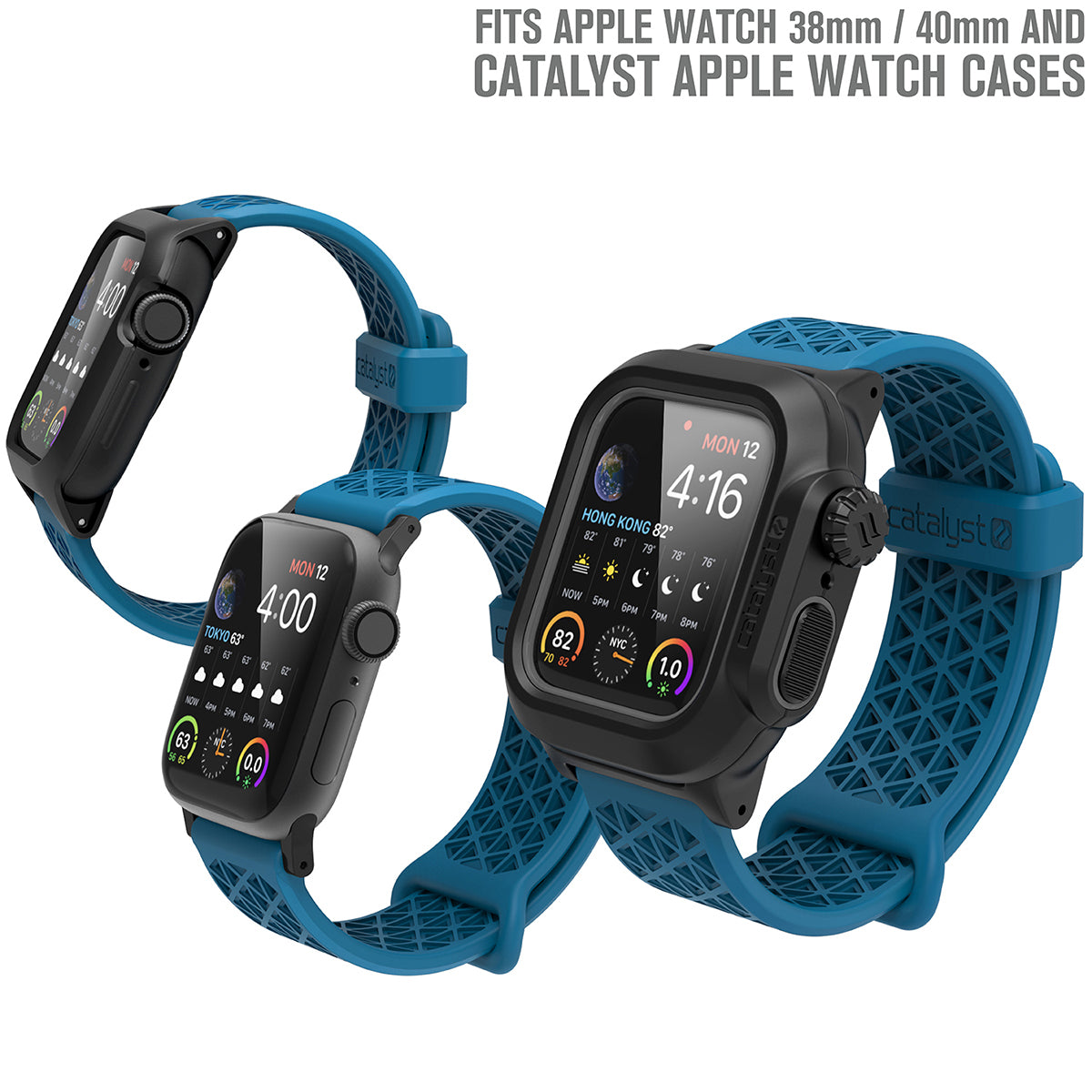 catalyst apple watch series 9 8 7 6 5 4 se gen 2 1 38 40 41mm sports band with apple connector three apple watches with impact and waterproof case with sports band blueridge text reads fits apple watch 38mm 40mm and catalyst apple watch cases