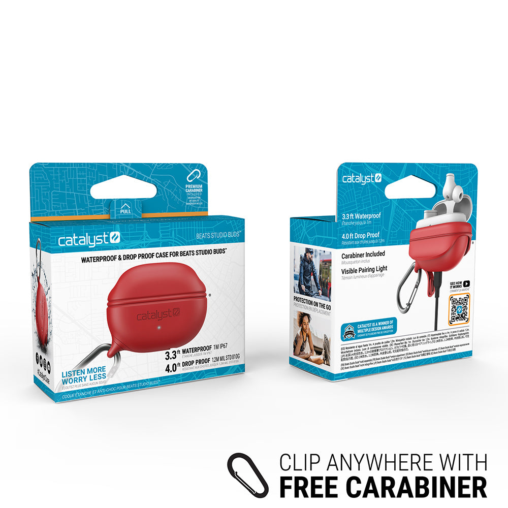 catalyst beats studio buds beats studio buds plus waterproof case carabiner red front and back view of the packaging text reads clip anywhere with free carabiner