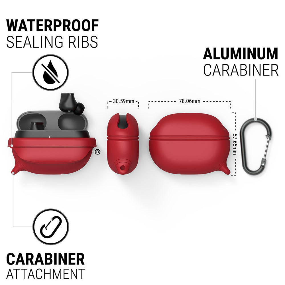 catalyst beats studio buds beats studio buds plus waterproof case carabiner red showing the sealing ribs carabiner attachment loop text reads waterproof sealing ribs aluminum carabiner carabiner attachment