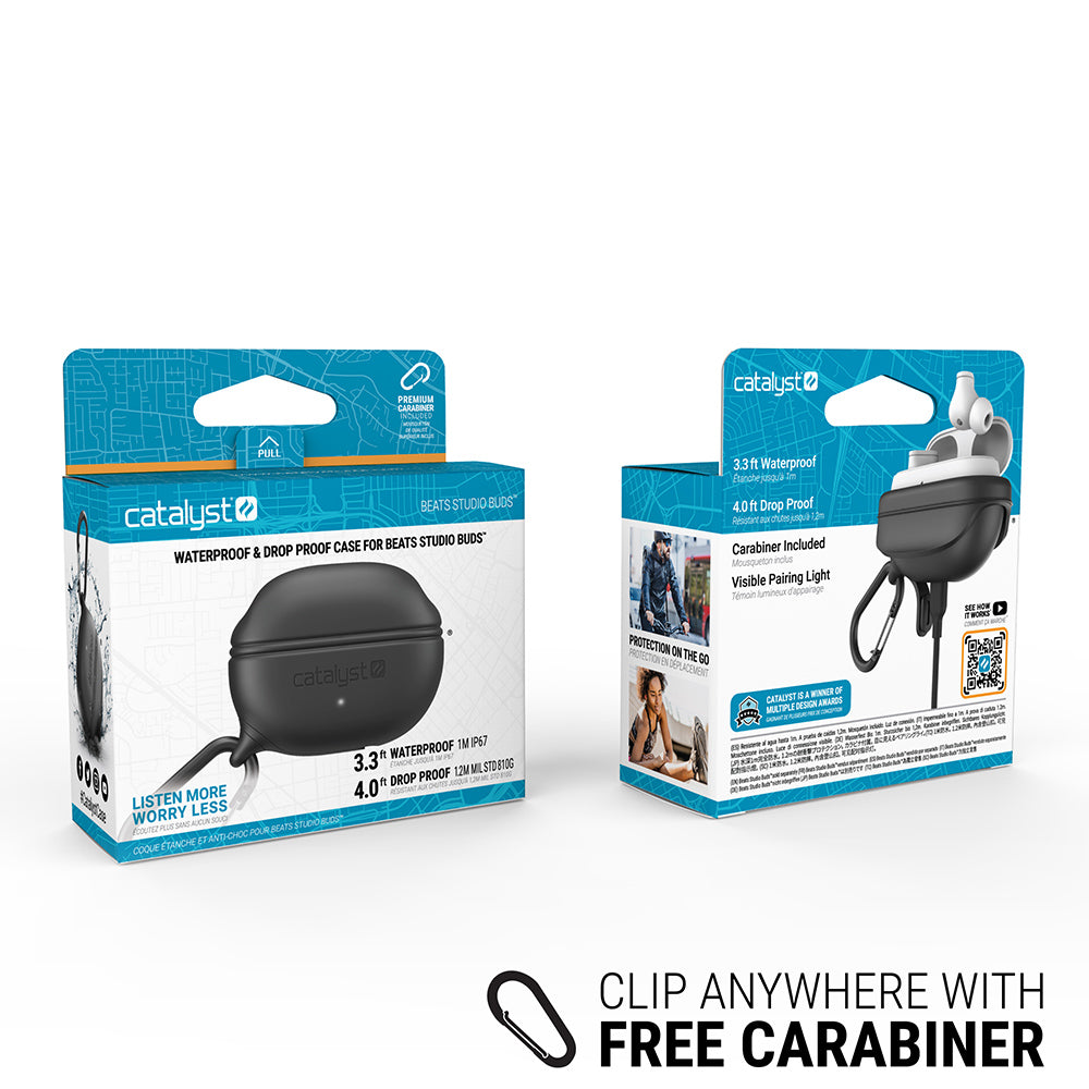 catalyst beats studio buds beats studio buds plus waterproof case carabiner stealth black front and back view of the packaging text reads clip anywhere with free carabiner