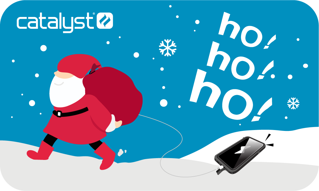 Catalyst christmast e-gift card showing santa and his backpack and phone case with lightning port attached text reads catalyst ho!ho!ho!