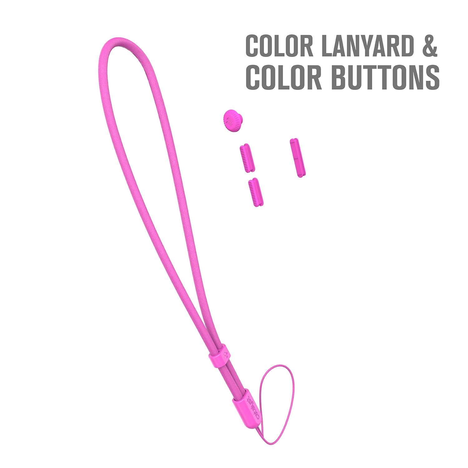 catalyst colored lanyard & buttons product itself neon pink text reads color lanyard & color buttons
