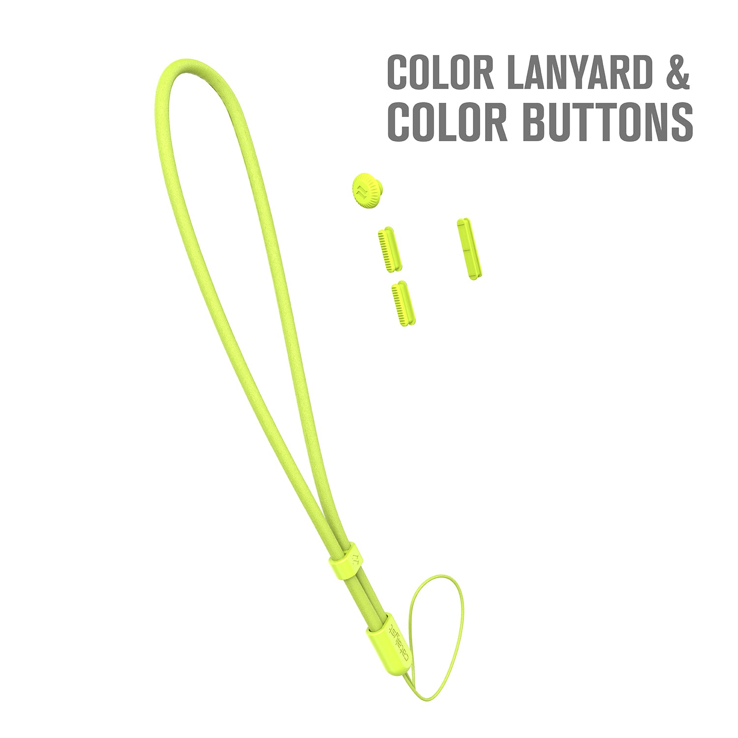 catalyst colored lanyard & buttons product itself neon yellow text reads color lanyard & color buttons