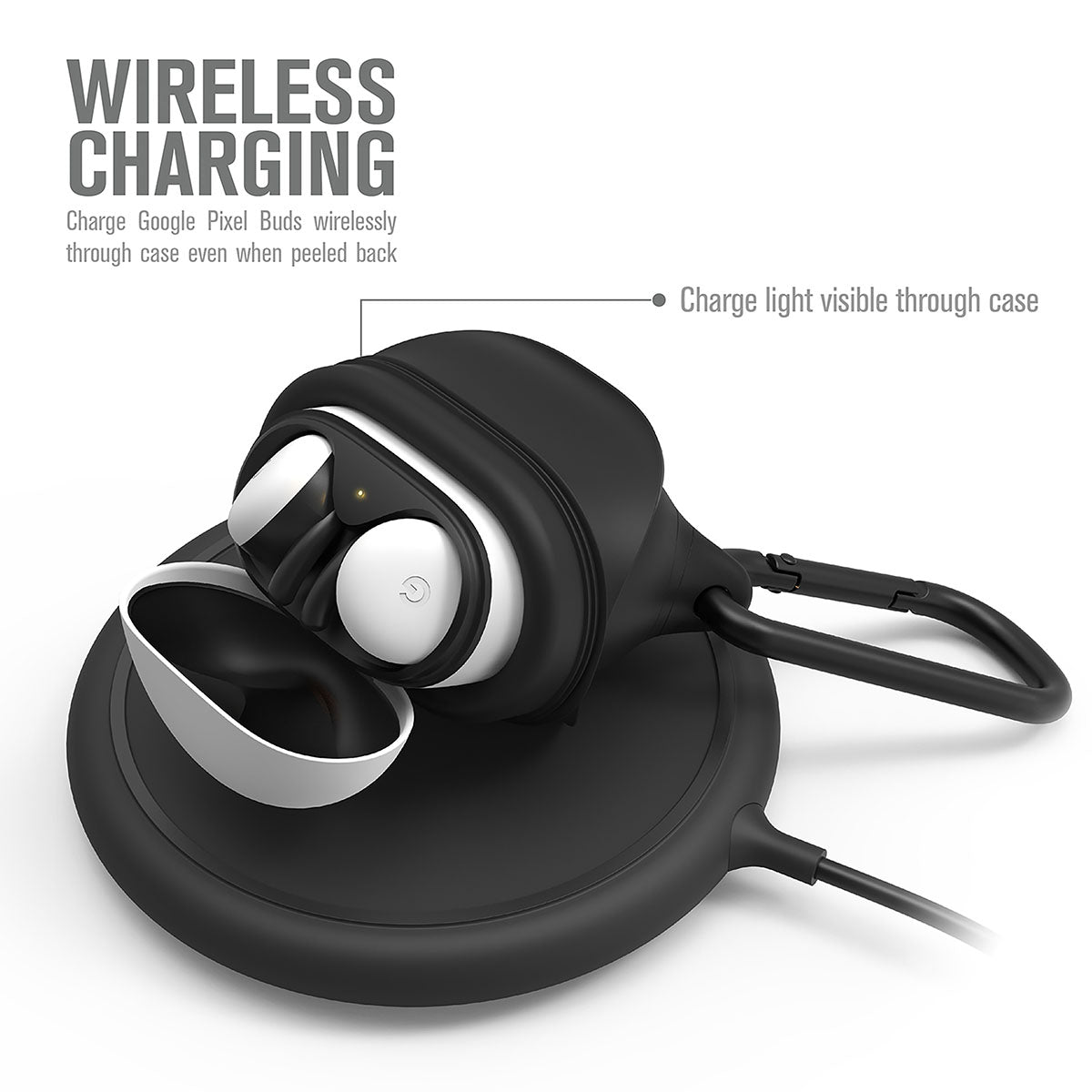 Catalyst Google pixel buds 2 waterproof case showing magsafe wireless charging text reads wireless charging charge google pixel buds wirelessly throuh case even when peeled back charge light visible case   