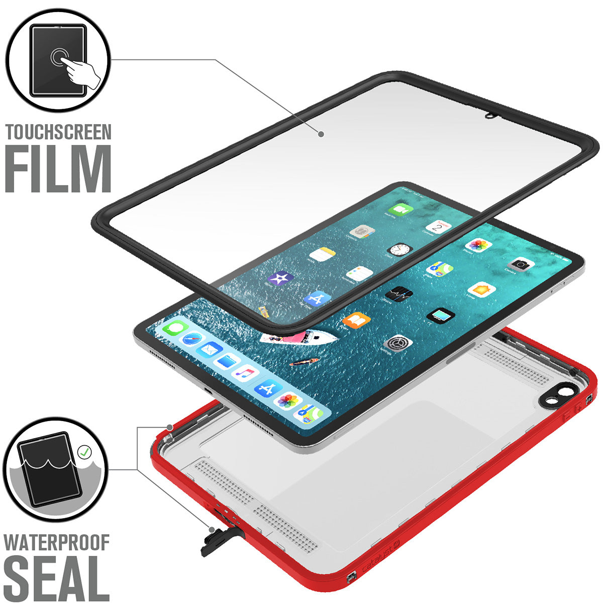 Catalyst iPad Pro (Gen 1), 11" - Waterproof Case showing an ipad with the front and back of the case text reads touchscreen film waterproof seal