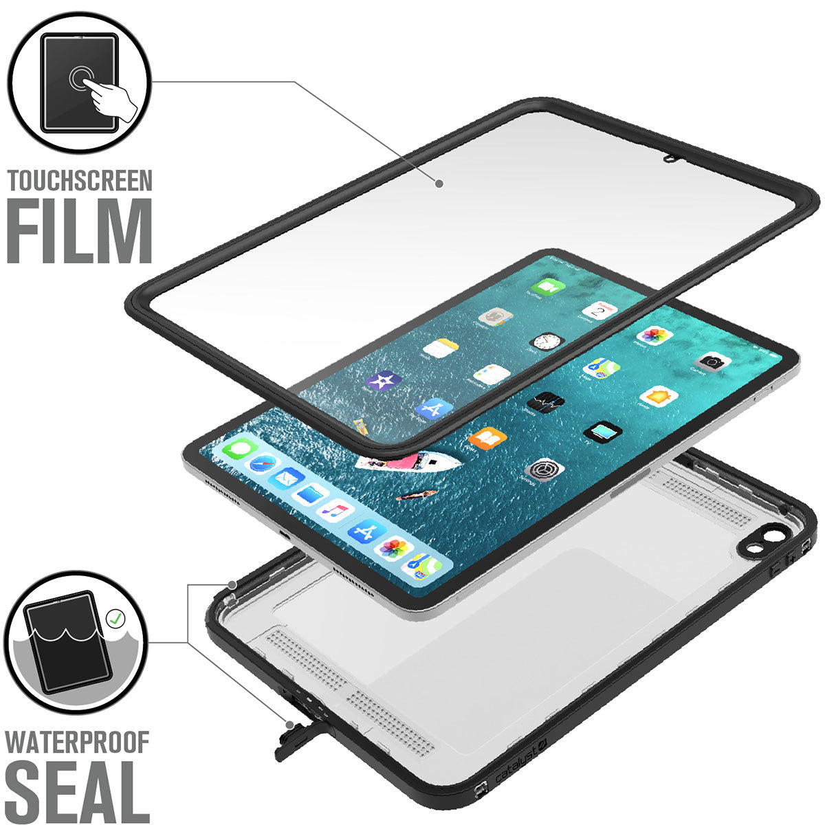 Catalyst iPad Pro (Gen 1), 11" - Waterproof Case showing an ipad with the front and back of the case text reads touchscreen film waterproof seal