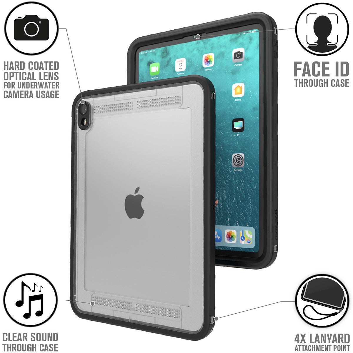 Catalyst iPad Pro (Gen 1), 11" - Waterproof Case showing the front and the back of the case text reads hard coated optical lens for underwater camera usage clear sound face id through case 4x lanyard attachment point
