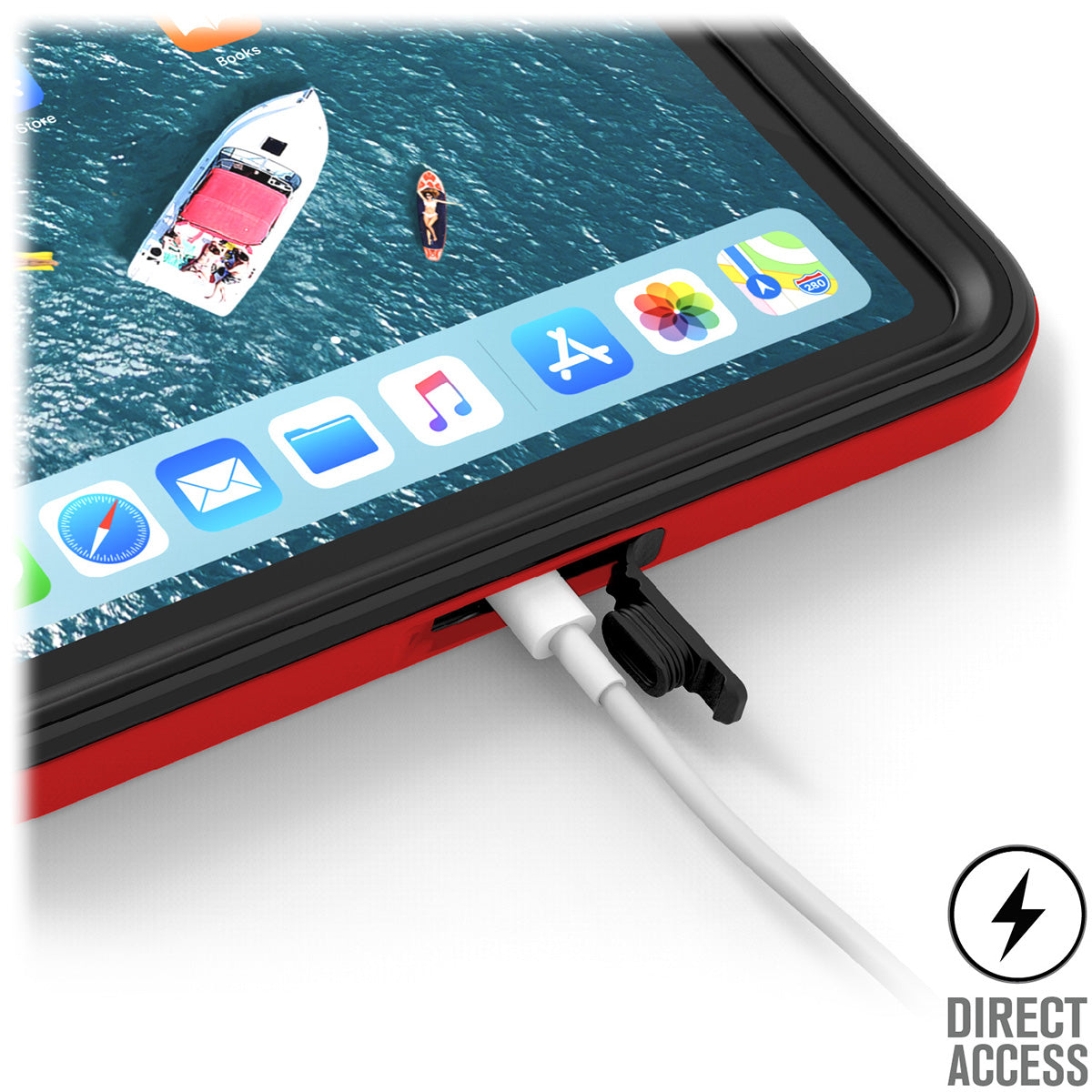 Catalyst iPad Pro (Gen 1), 11" - Waterproof Case showing the lightning port plugged to the device with the case installed text reads direct access