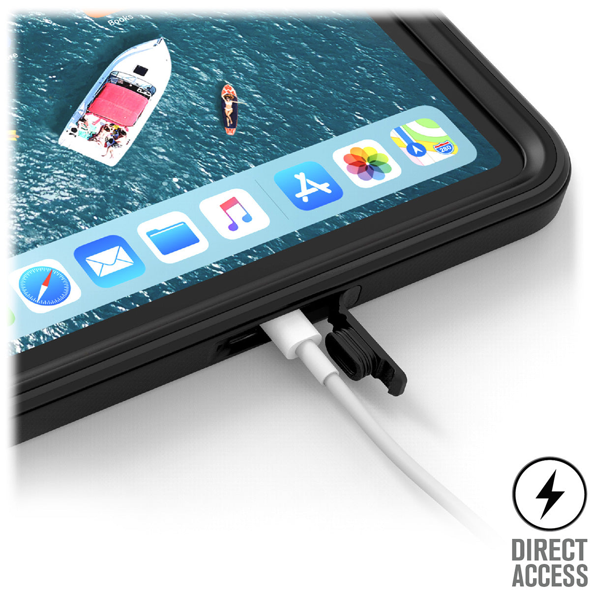 Catalyst iPad Pro (Gen 1), 11" - Waterproof Case showing the lightning port plugged to the device with the case installed text reads direct access