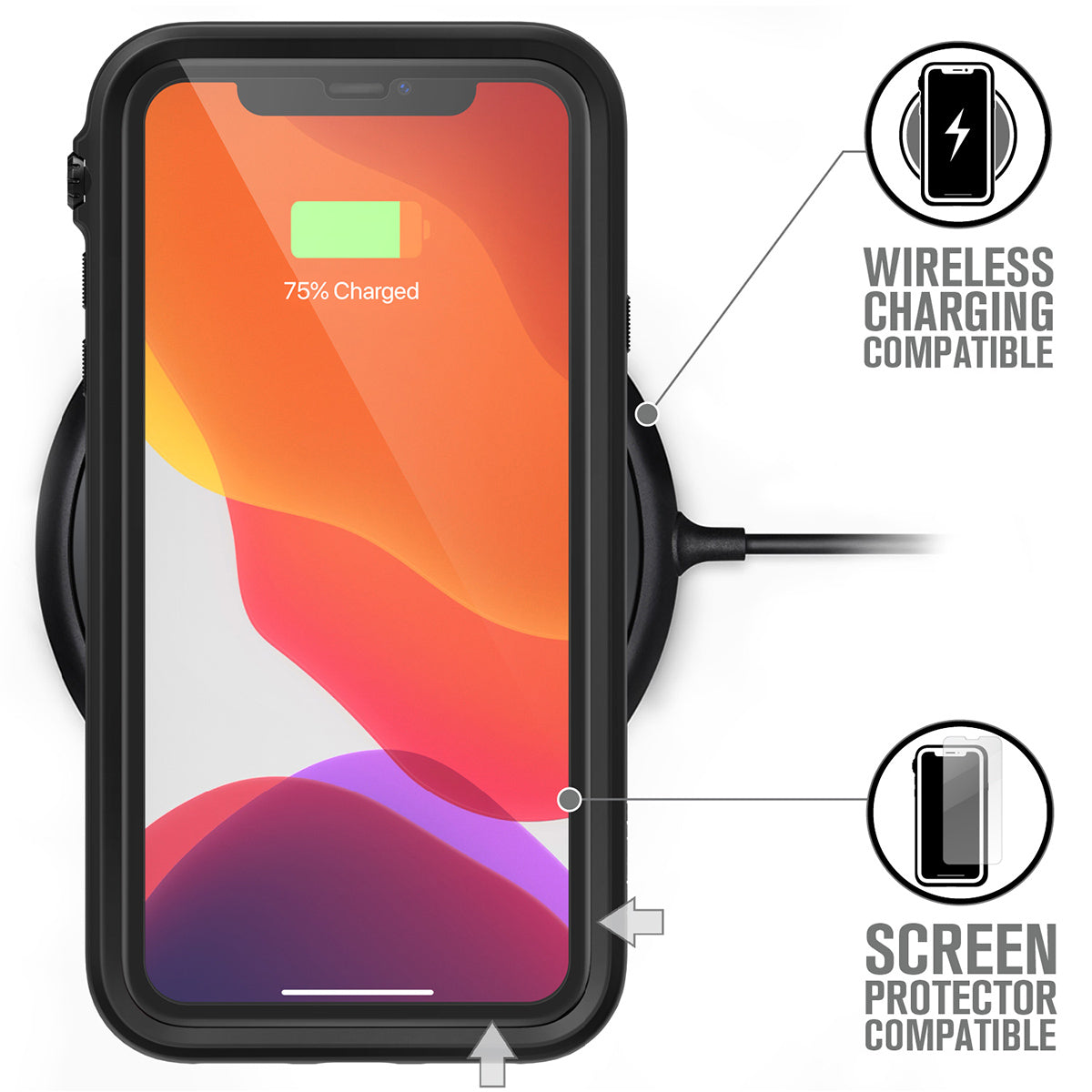 catalyst iPhone 11 series impact protection case black placed on the wireless charger 75% charged text reads wireless charging compatible screen protector compatible