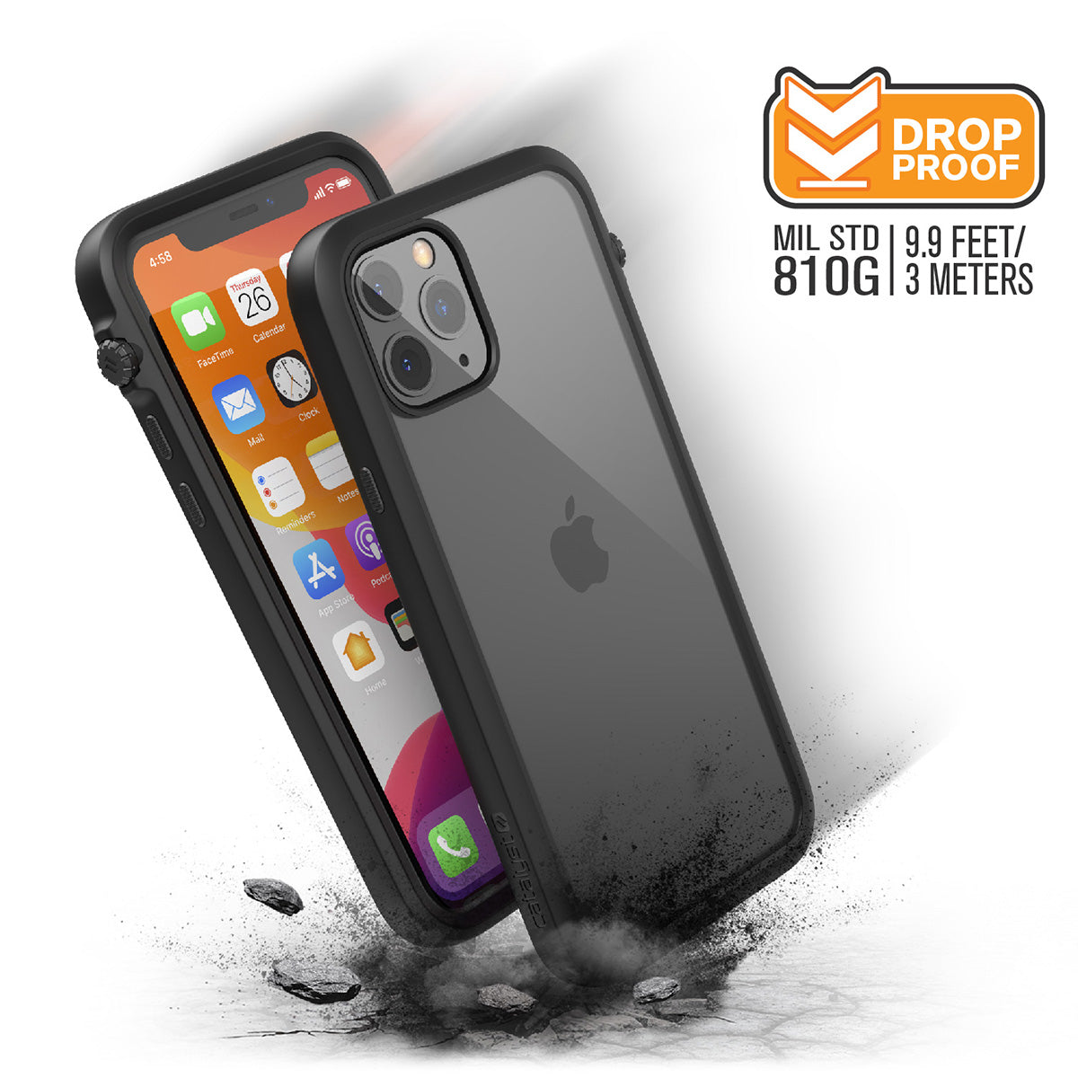 catalyst iPhone 11 series impact protection case black showing side views and buttons of the case with cracked floor for iPhone 11 pro text reads drop proof mil std 9.9 feet 810g 3 meters 