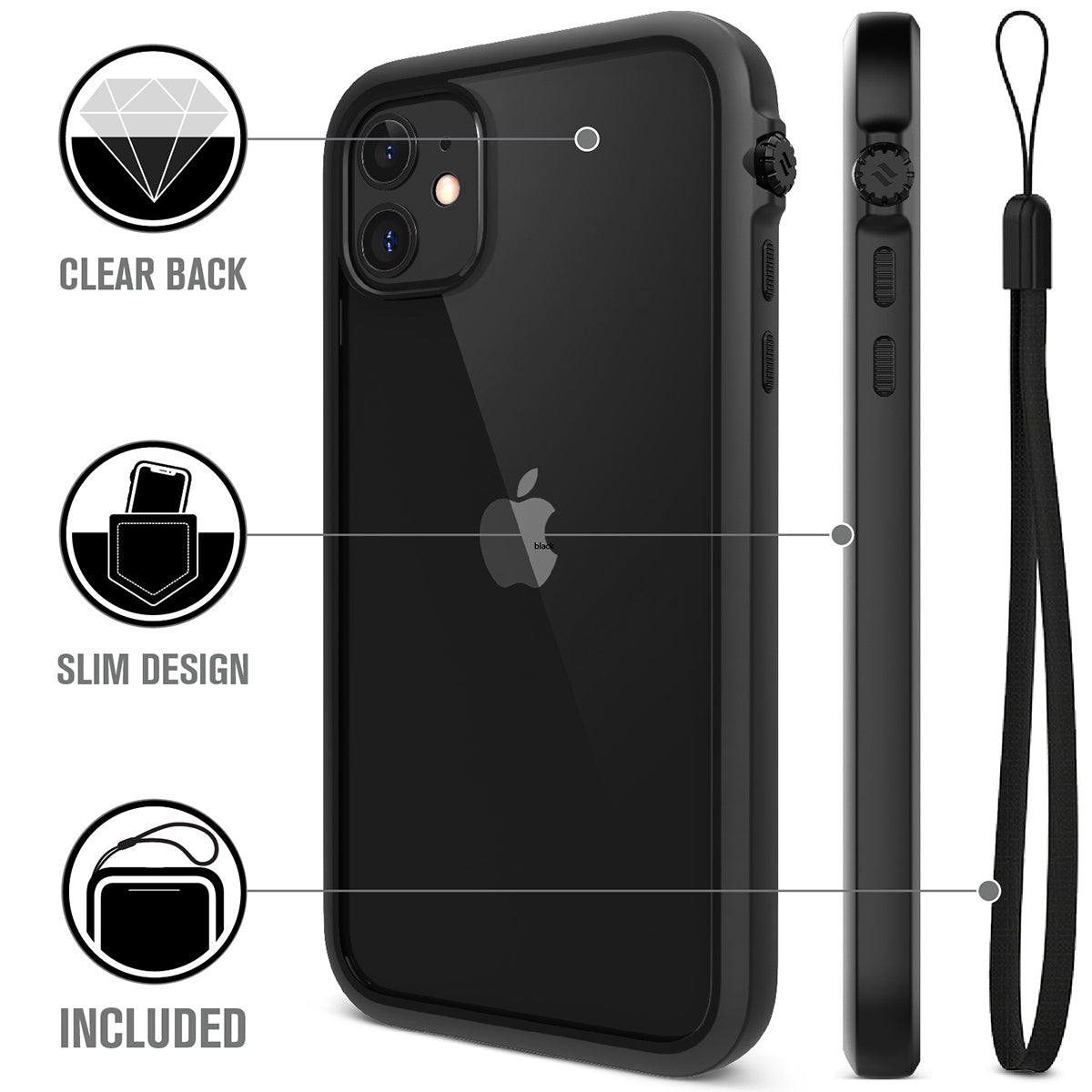 catalyst iPhone 11 series impact protection case black showing the back view and buttons of the case and a lanyard text reads clear back slim design included
